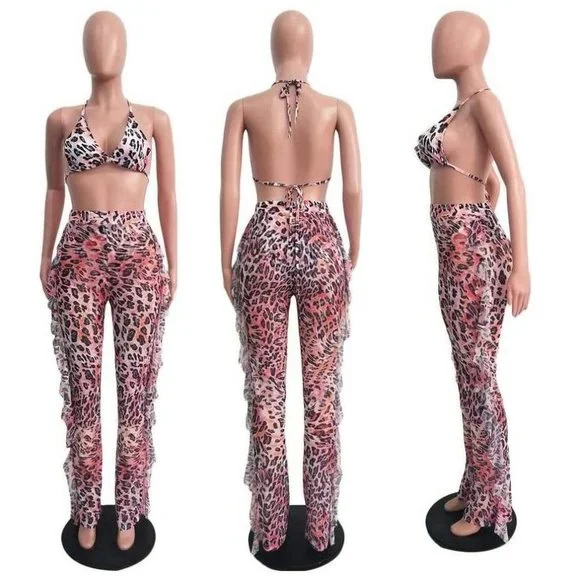 Jumpsuits Crop Top and Hollow Out Ruffle Long Pants - Leopard - Picture 4 of 5